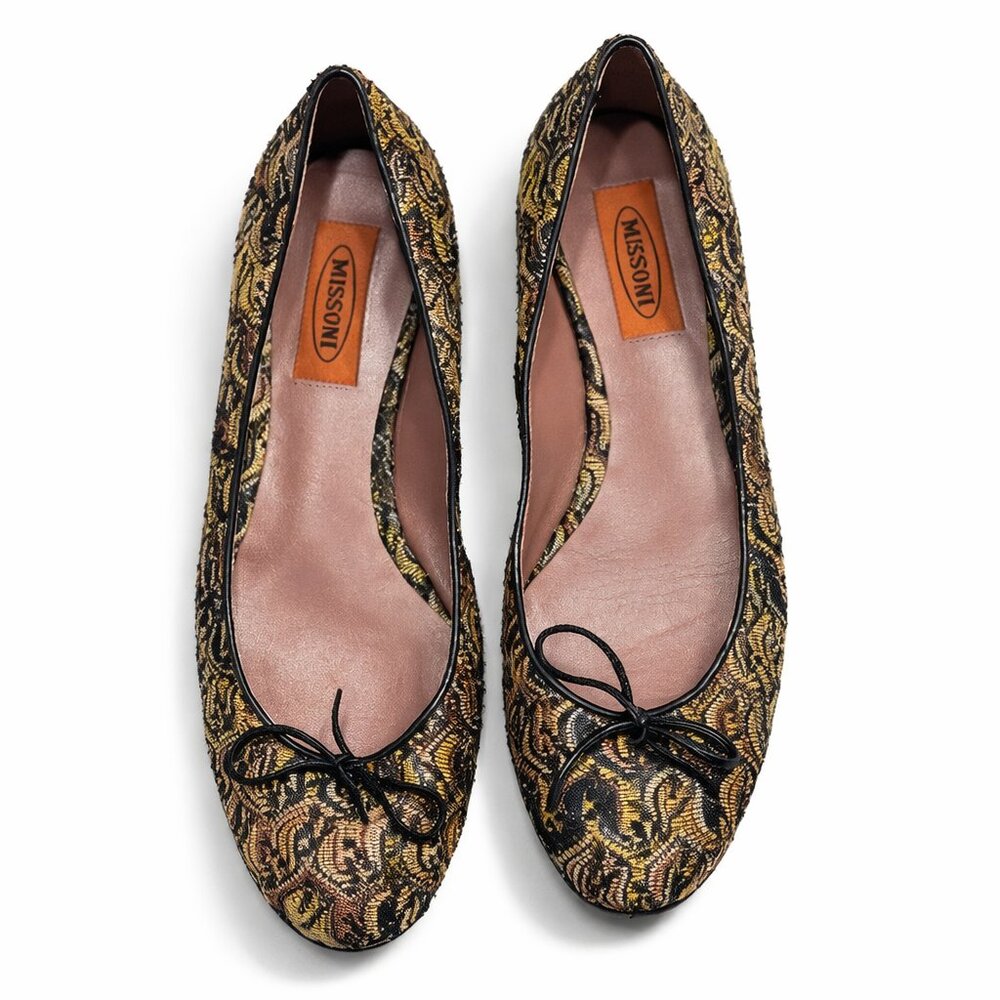 Missoni Black & Gold Tapestry Ballet Flats Size 37 US 7 Designer Shoes